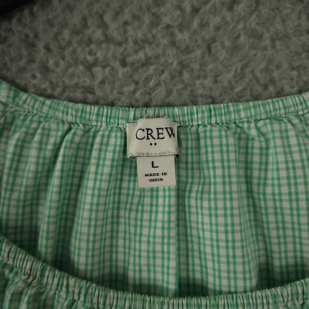 J Crew Dress Womens Large Green Gingham Cotton Blend Poplin Raglan Tiered Mini - Picture 4 of 13